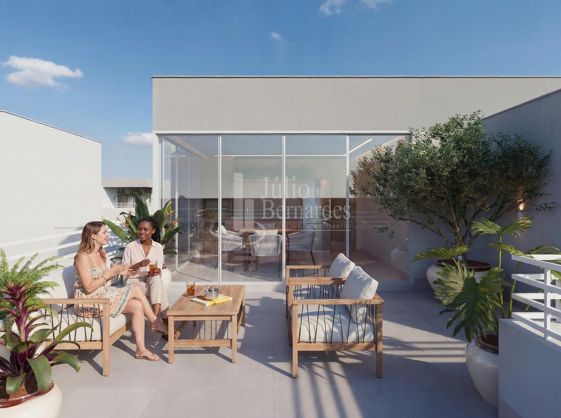 Terraço com área de convivência durante o dia