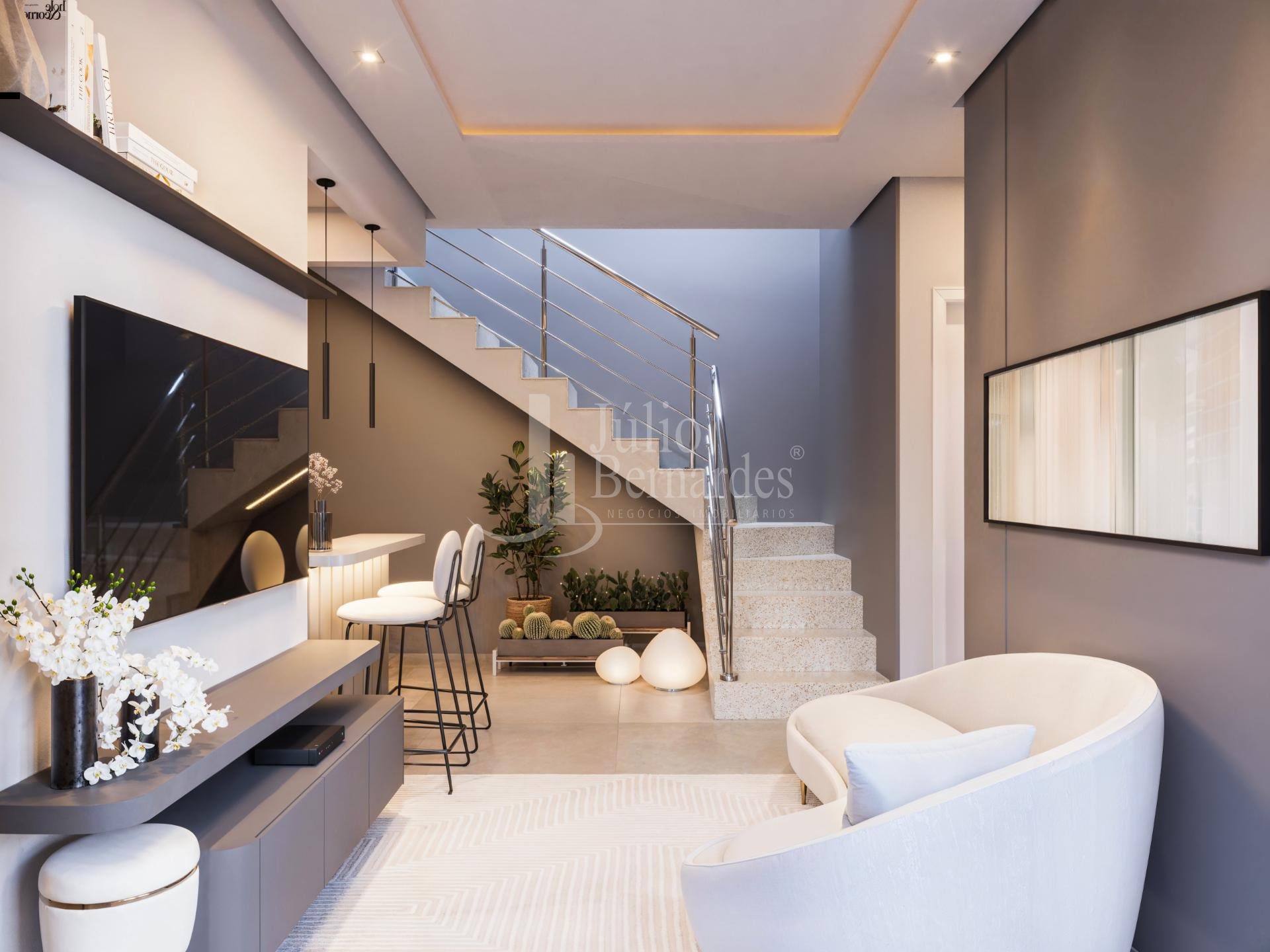 Sala com escada e composição de interiores, ilustrativo