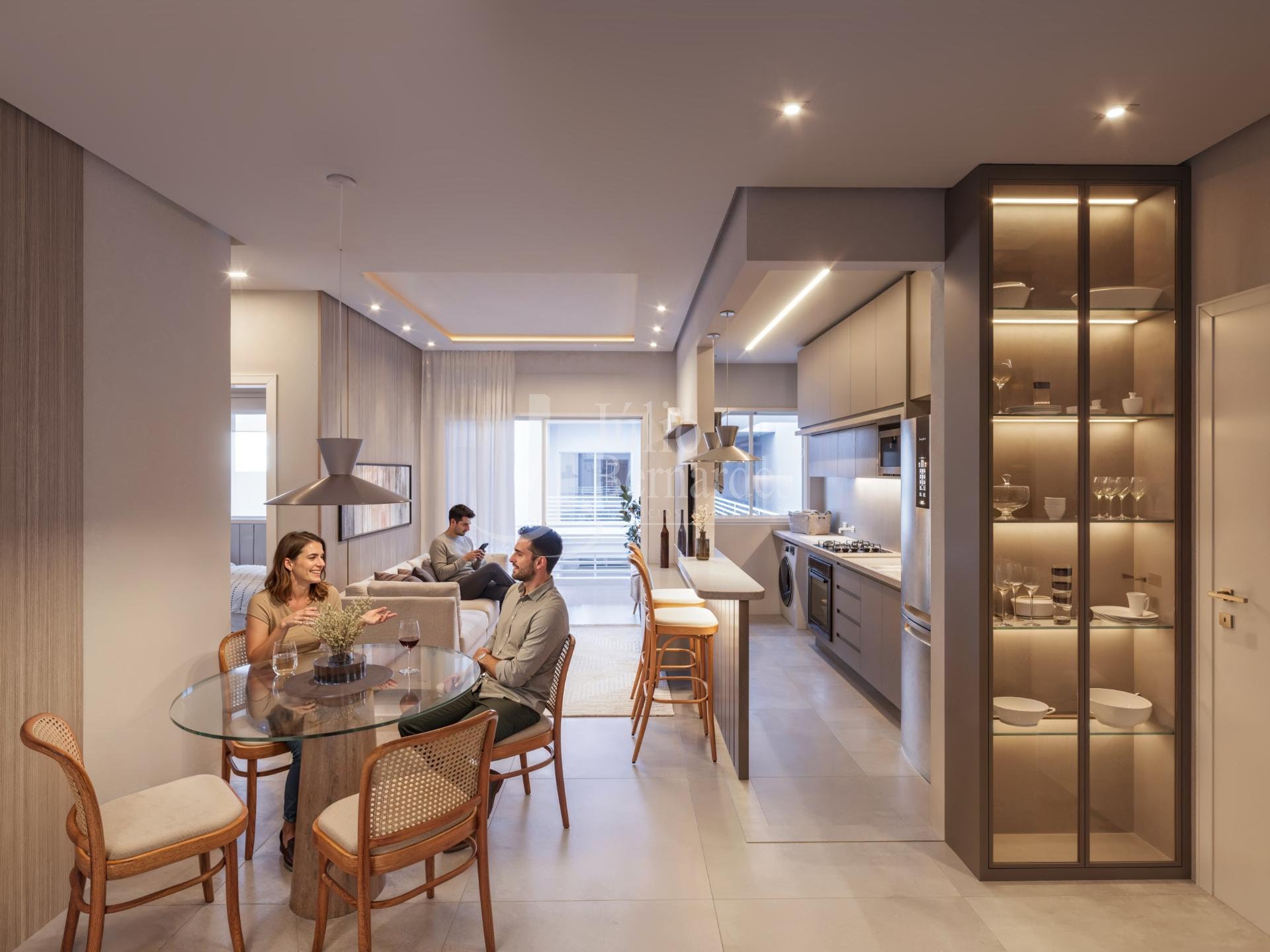 Sala de jantar integrada à cozinha, ilustrativo