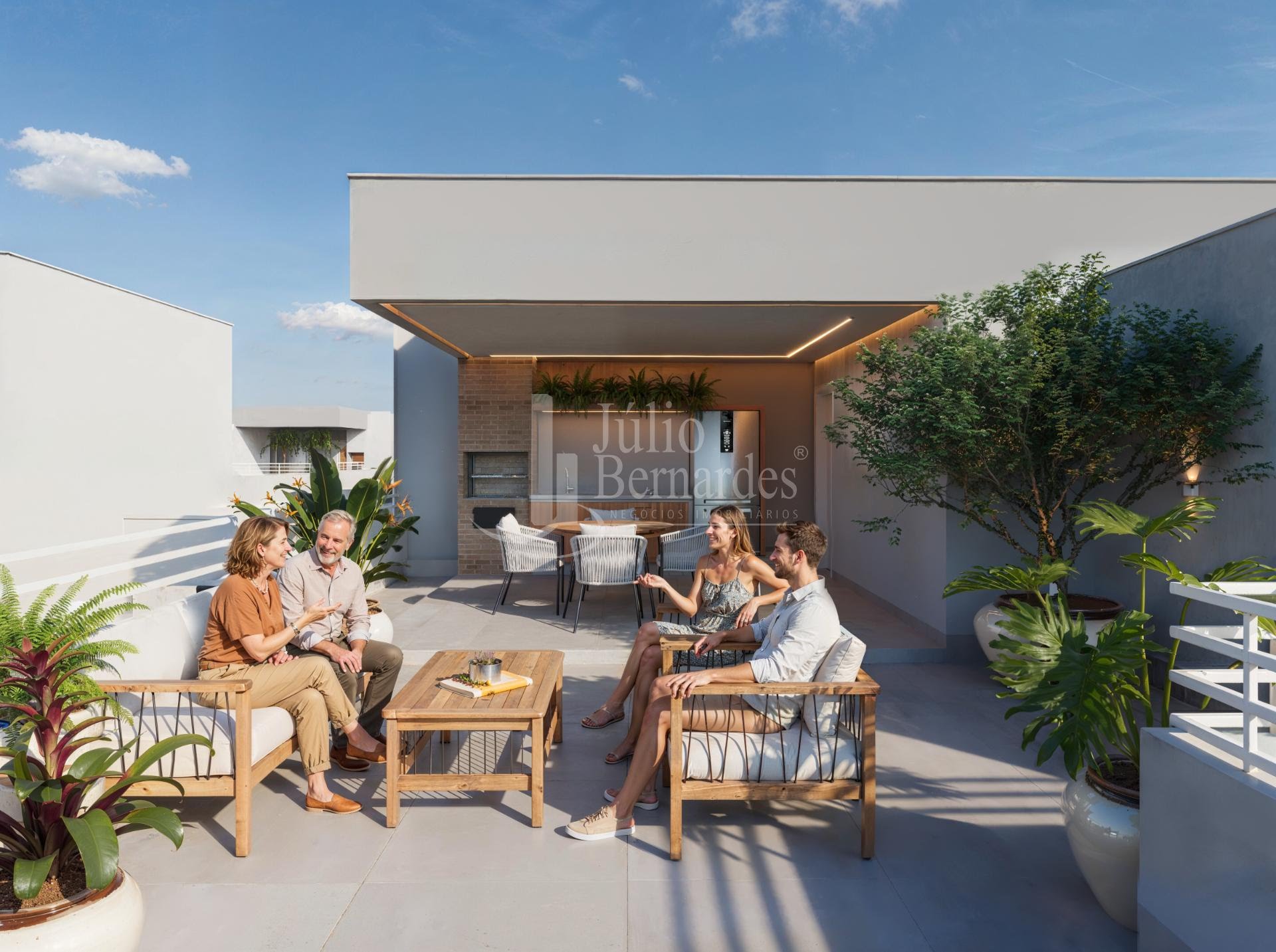 Área de convivência do terraço com uso ilustrativo por uma família